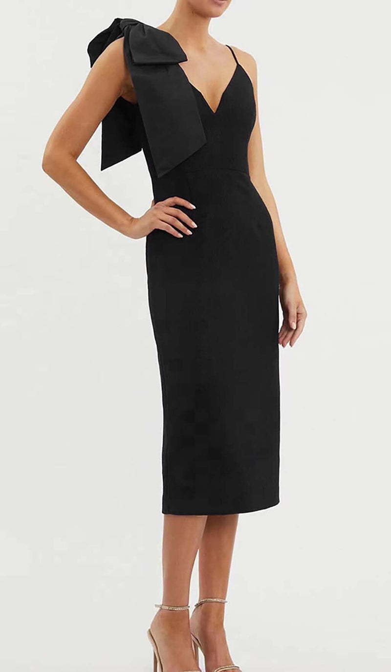 PLUNGING NECKLINE BOW MIDI DRESS IN BLACK DRESS sis label 