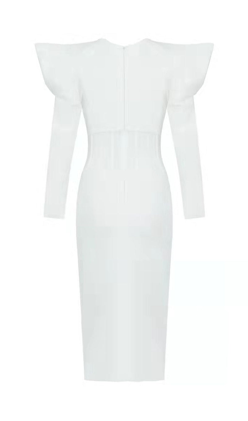 PUFF SLEEVE MESH MIDI DRESS IN WHITE
