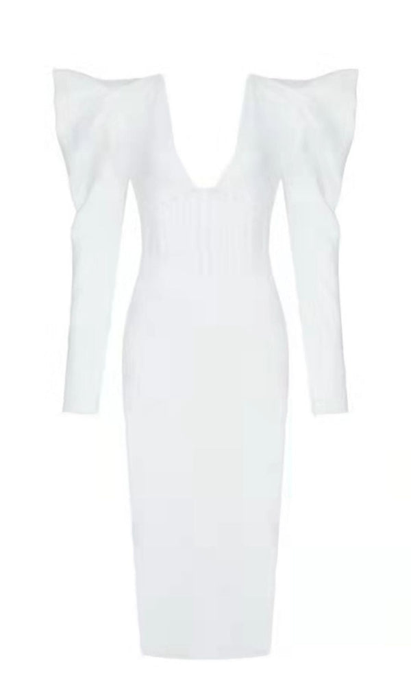 PUFF SLEEVE MESH MIDI DRESS IN WHITE