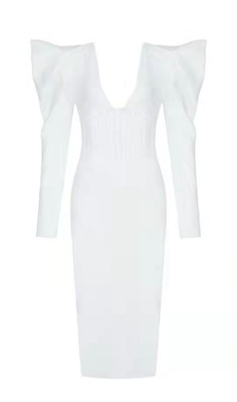 PUFF SLEEVE MESH MIDI DRESS IN WHITE