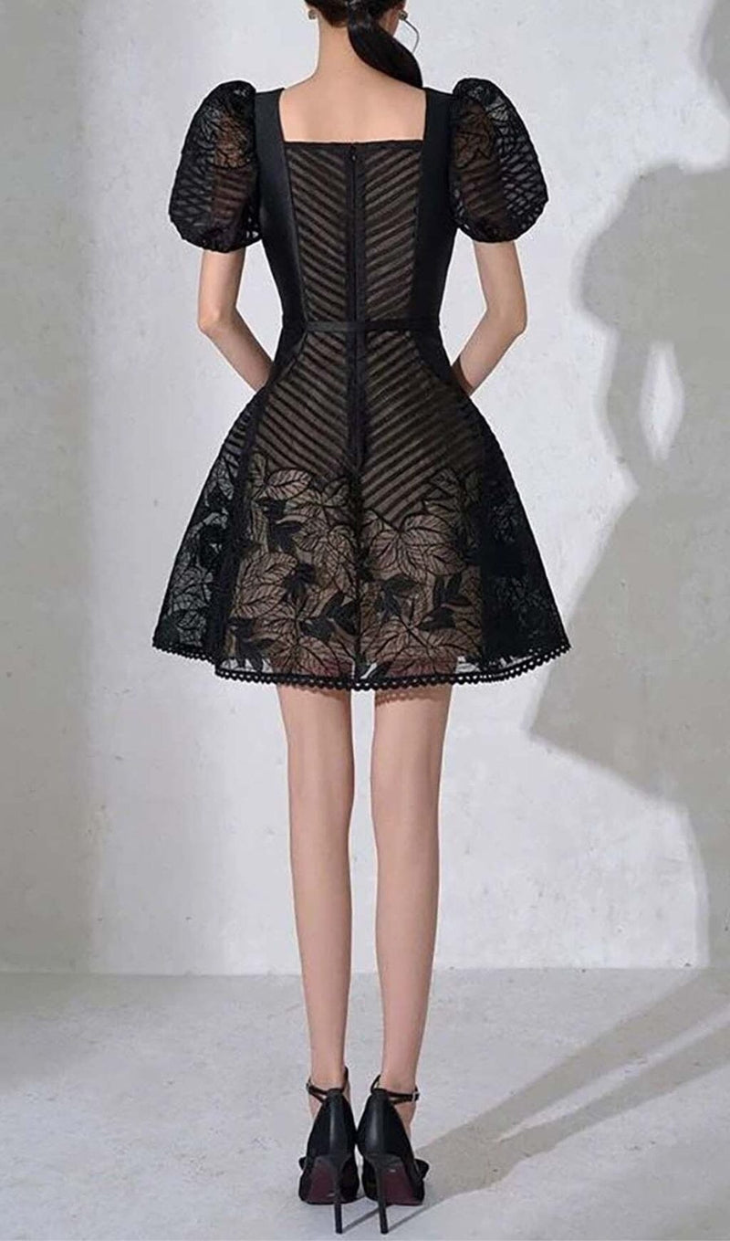 PUFF-SLEEV MESH MINI A-LINE DRESS IN BLACK DRESS STYLE OF CB 