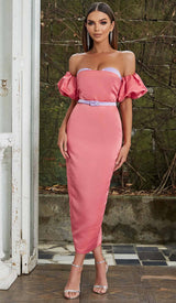 PUFF BODYCON SATIN MIDI DRESS IN ROSE DRESS STYLE OF CB 