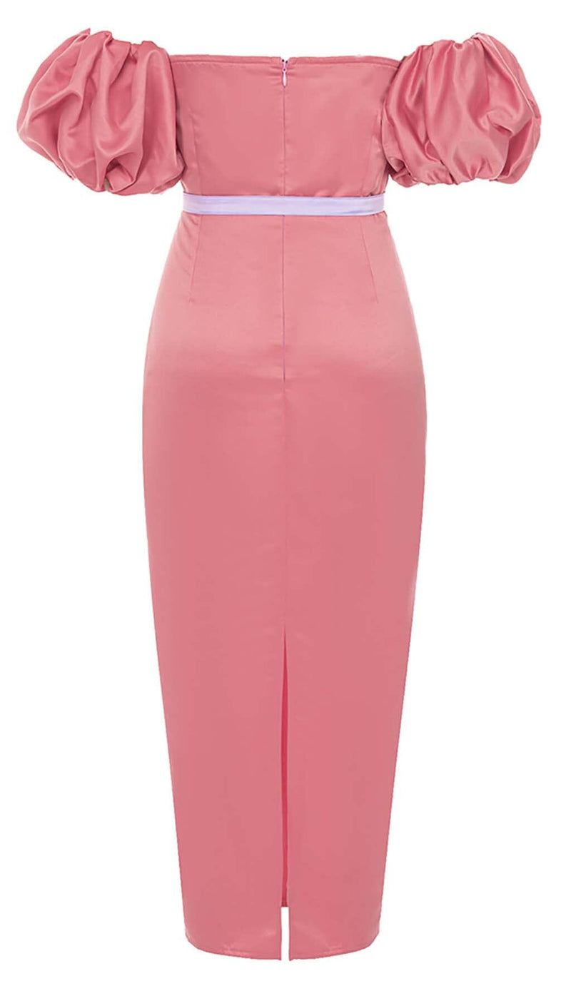 PUFF BODYCON SATIN MIDI DRESS IN ROSE DRESS STYLE OF CB 