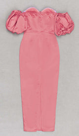 PUFF BODYCON SATIN MIDI DRESS IN ROSE DRESS STYLE OF CB 