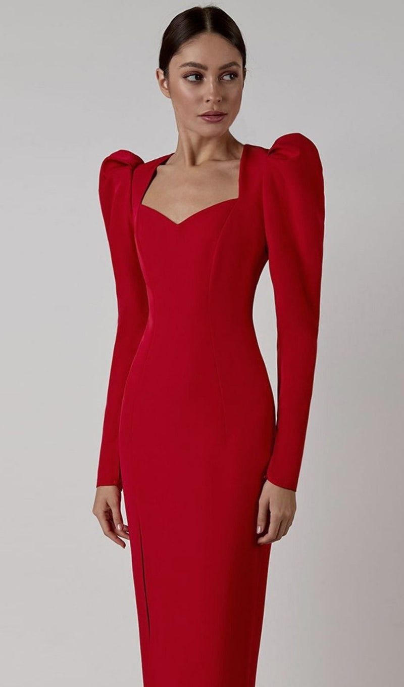 RED PUFF SEELVE BANDAGE MIDI DRESS Dresses styleofcb 