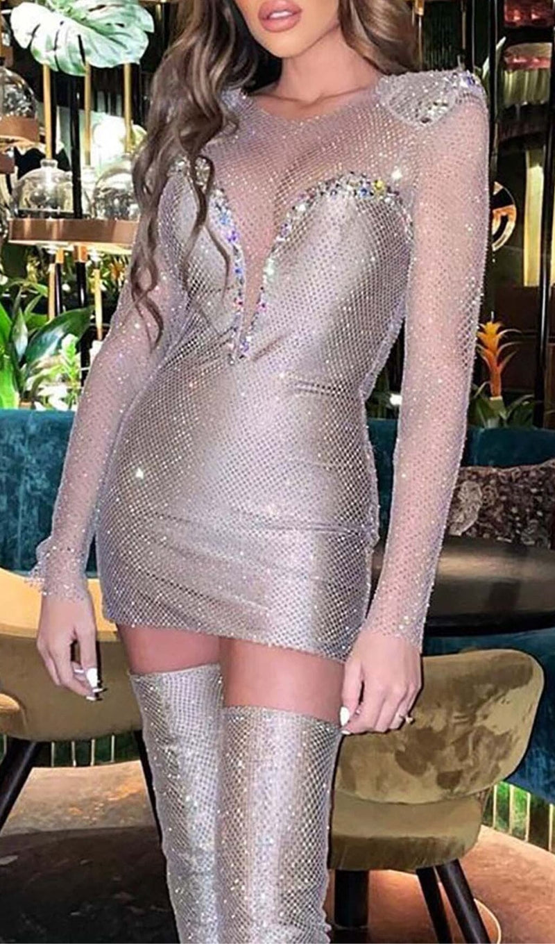 RHINESTONE MESH MINI DRESS IN SLIVER DRESS STYLE OF CB 