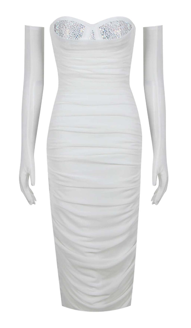 RUCHED BANDEAU MIDI DRESS IN WHITE DRESS STYLE OF CB 