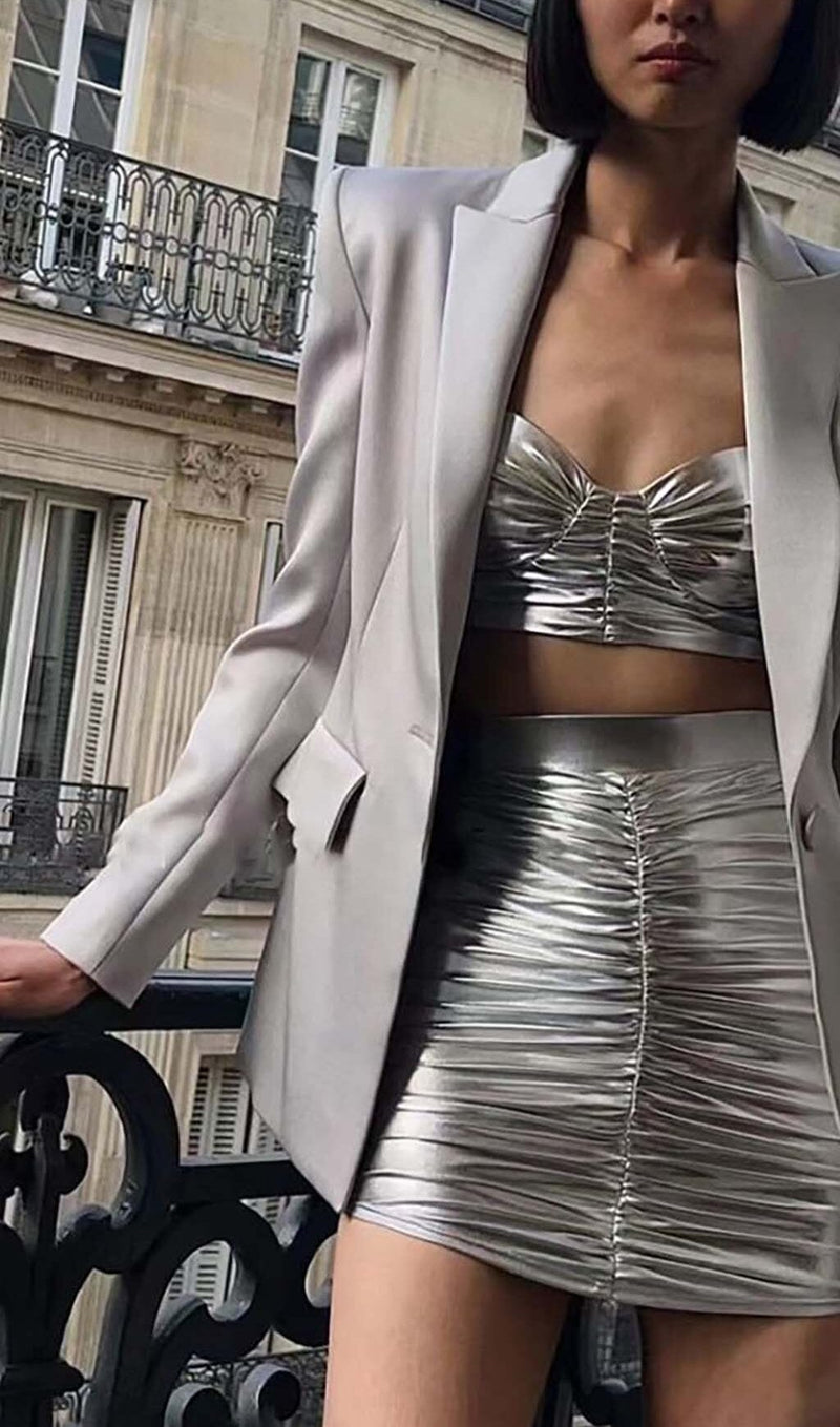 RUCHED BRALETTE AND SKIRT SET IN SLIVER styleofcb 