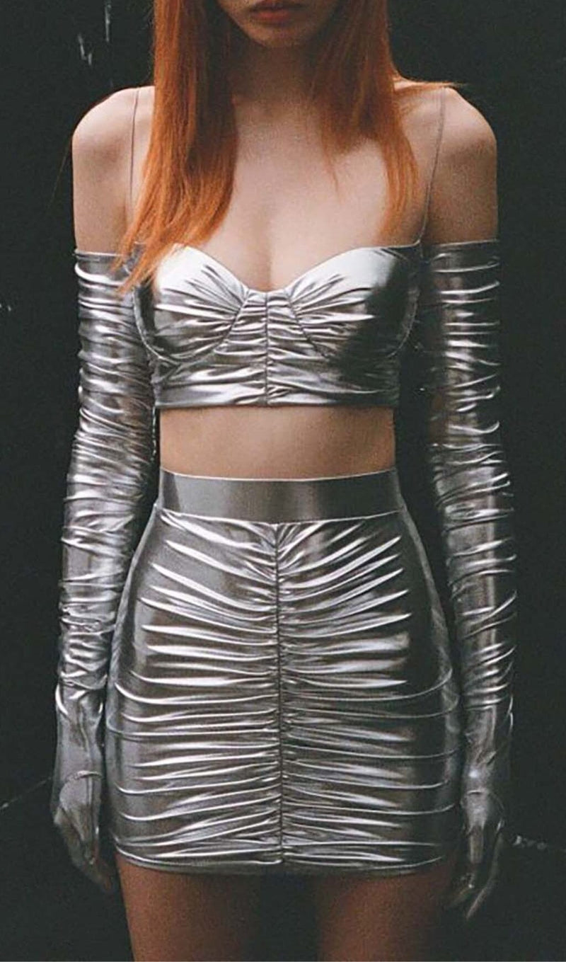 RUCHED BRALETTE AND SKIRT SET IN SLIVER styleofcb 