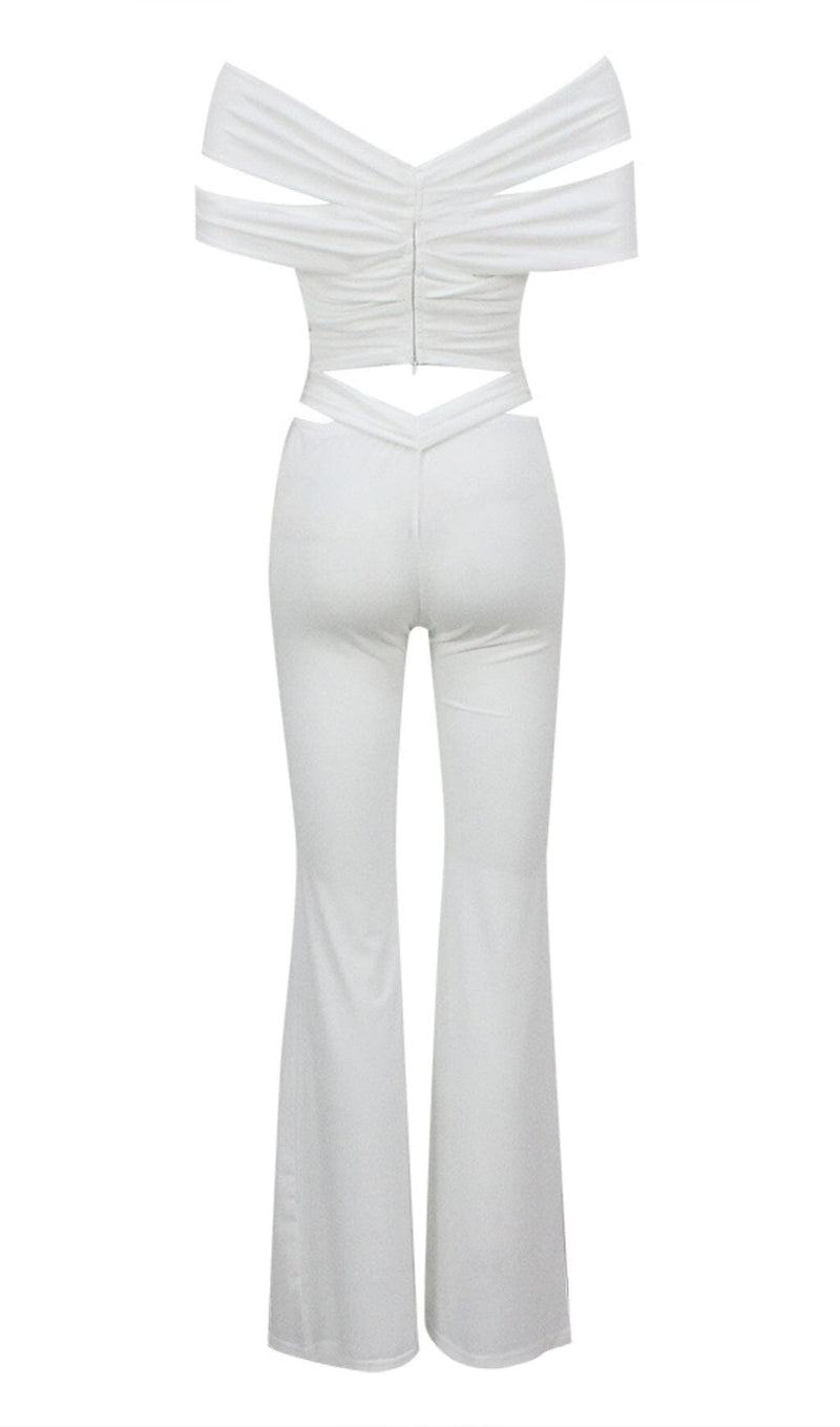 RUCHED CUTOUT FLARED TWO PIECE SET IN WHITE DRESS STYLE OF CB 