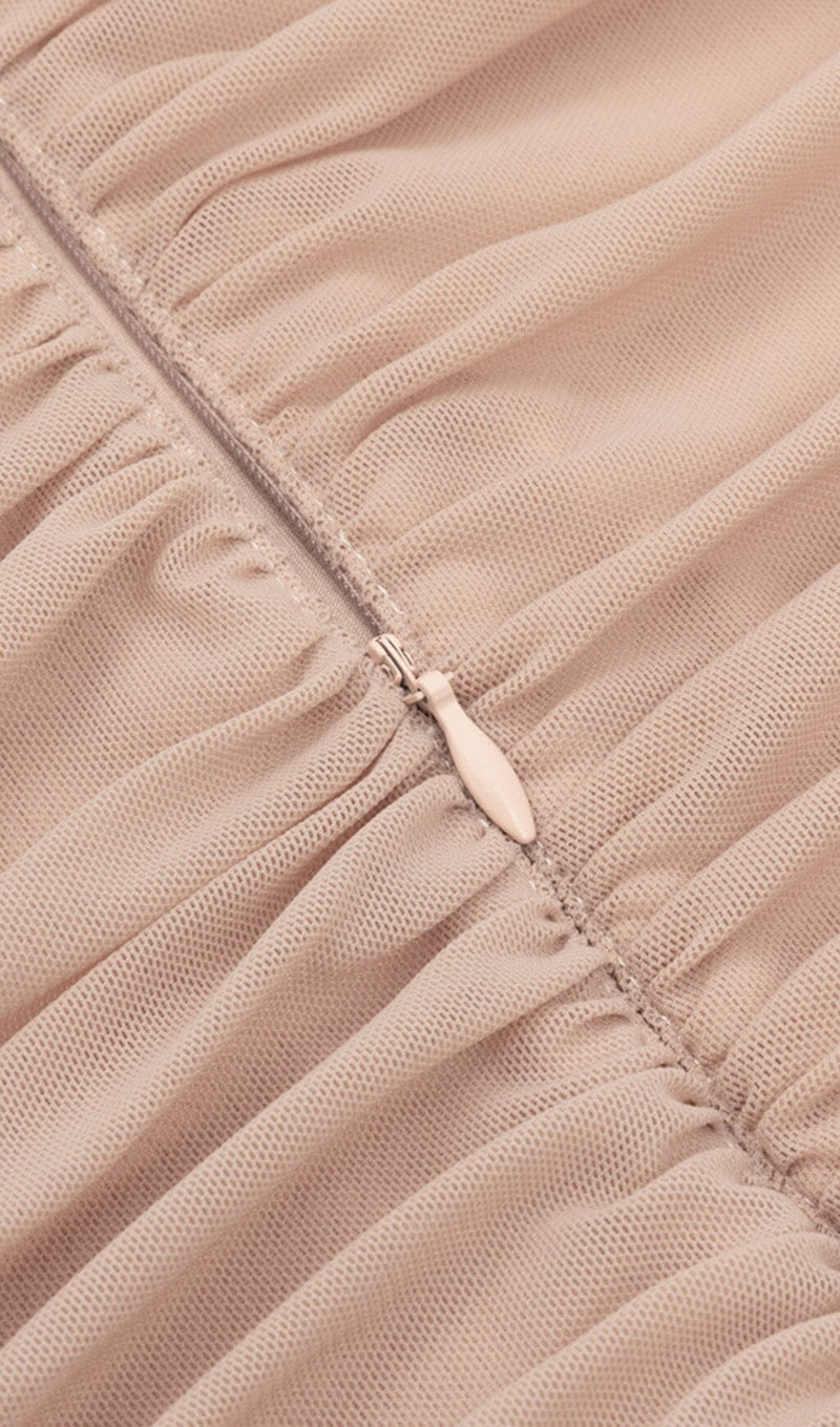 RUCHED BODYCON MIDI DRESS IN TAUPE DRESS STYLE OF CB 