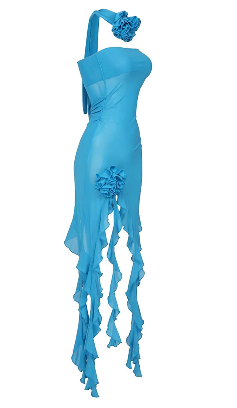 RUFFLE ROSETTE MESH MIDI DRESS IN BLUE styleofcb 