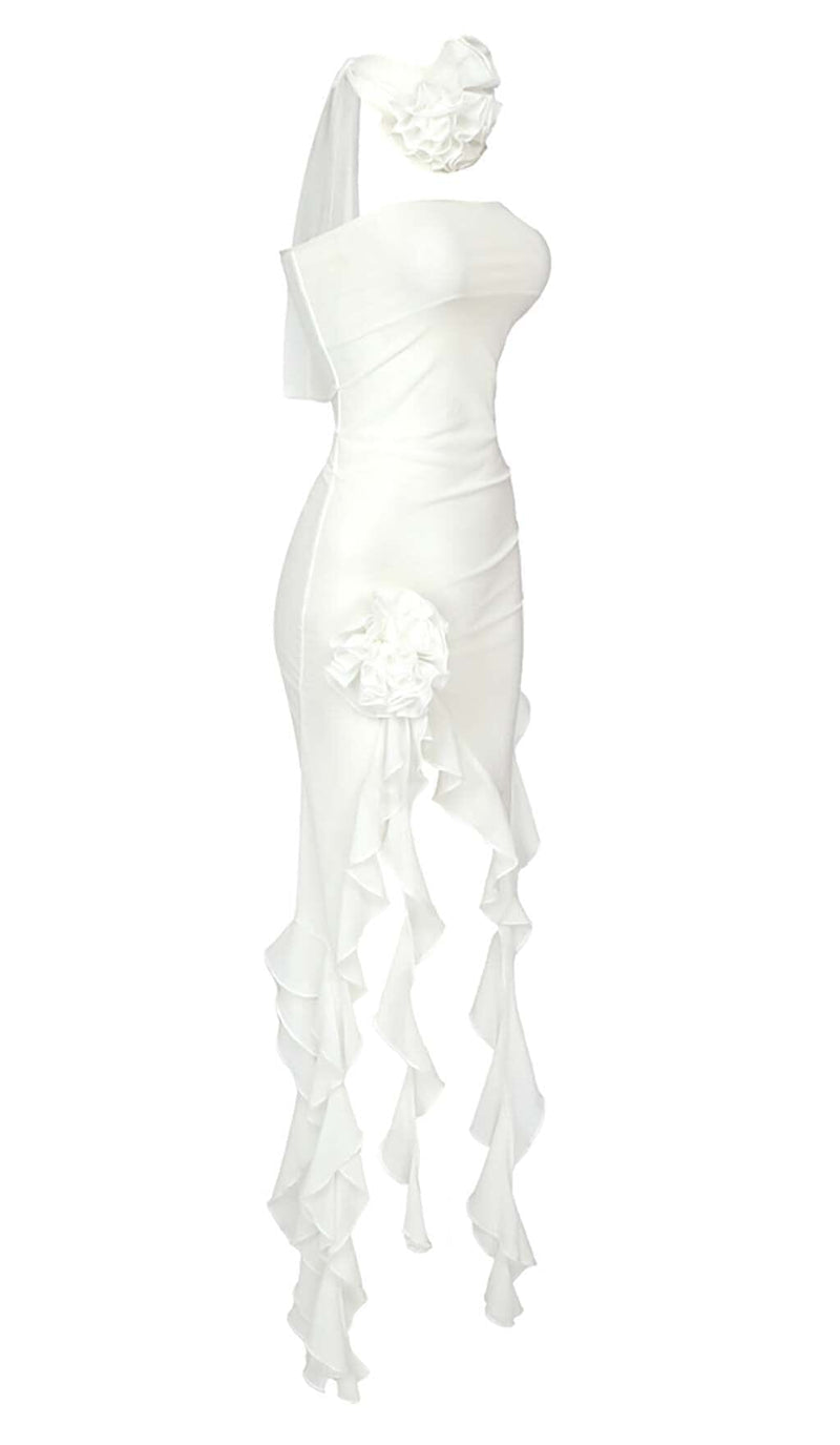 RUFFLE ROSETTE MESH MIDI DRESS IN WHITE styleofcb 
