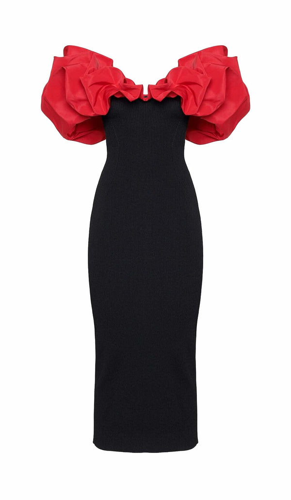 RUFFLED PENCIL MIDI DRESS IN BLACK DRESS sis label 