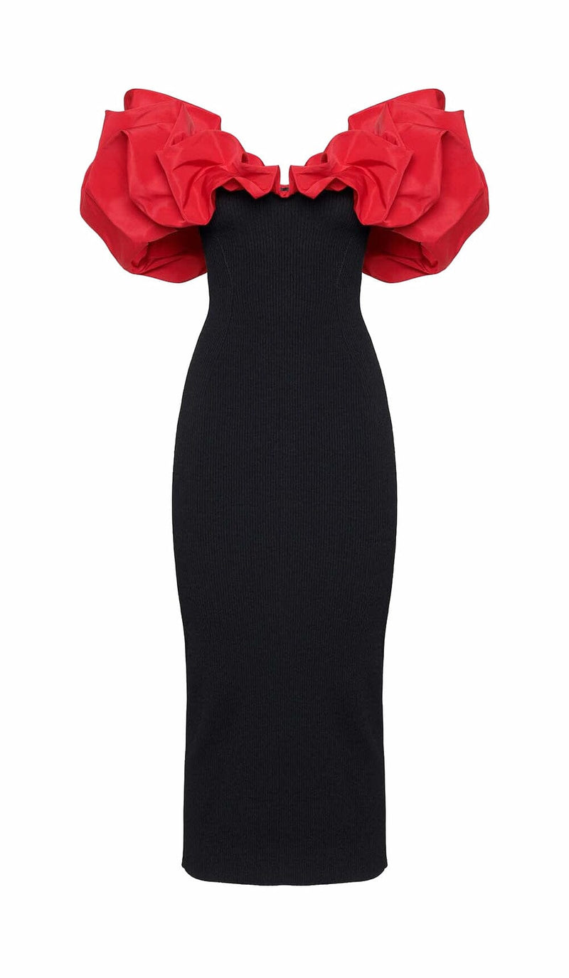 RUFFLED PENCIL MIDI DRESS IN BLACK DRESS sis label 