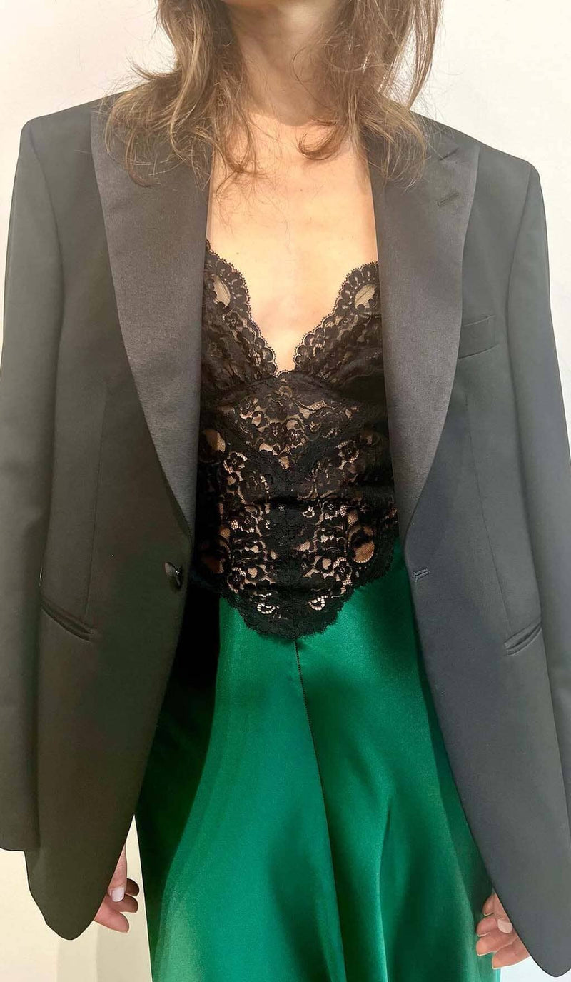 RUFFLED SILK SATIN MAXI DRESS IN GREEN DRESS styleofcb 