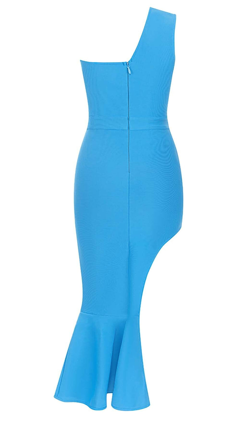 RUFFLE ONE SHOULDER MIDI DRESS IN BLUE DRESS STYLE OF CB 