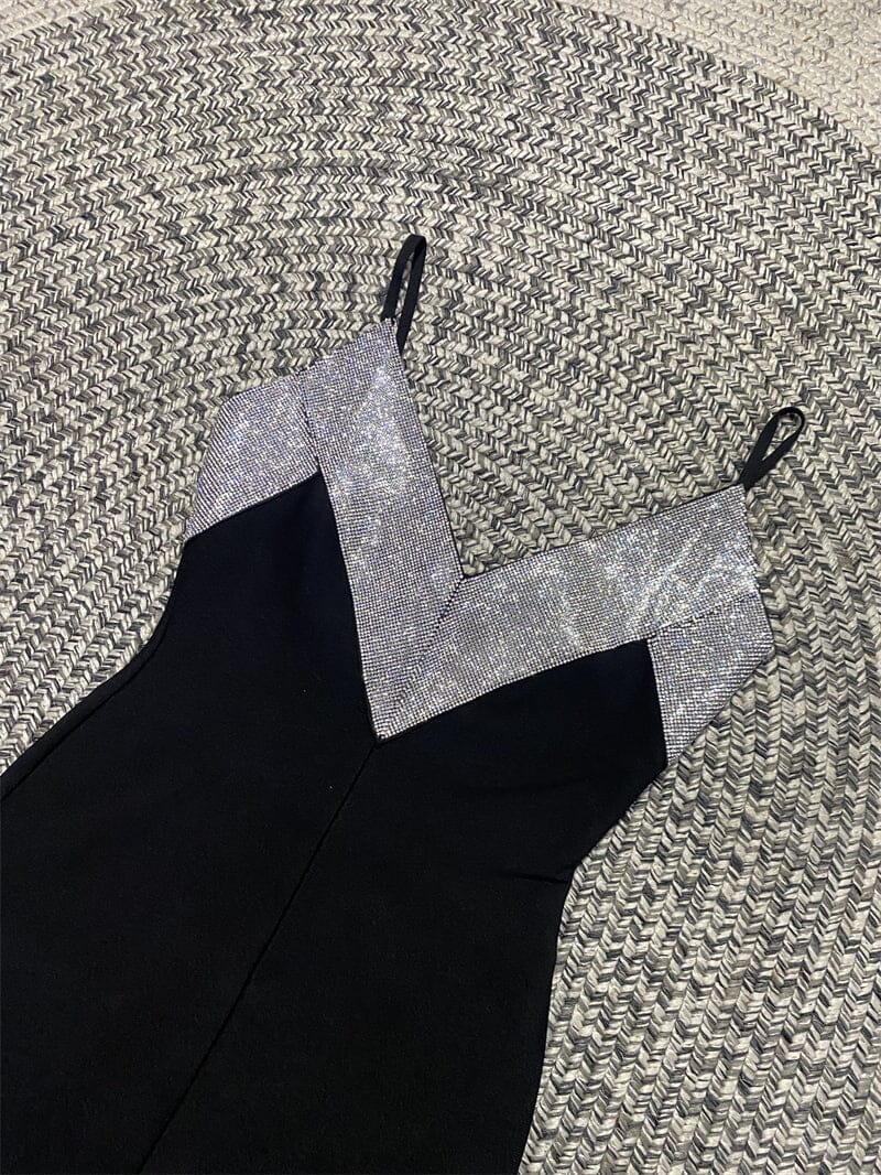 BLACK V-NECK RHINESTONE DECORATIVE SUSPENDER DRESS styleofcb 