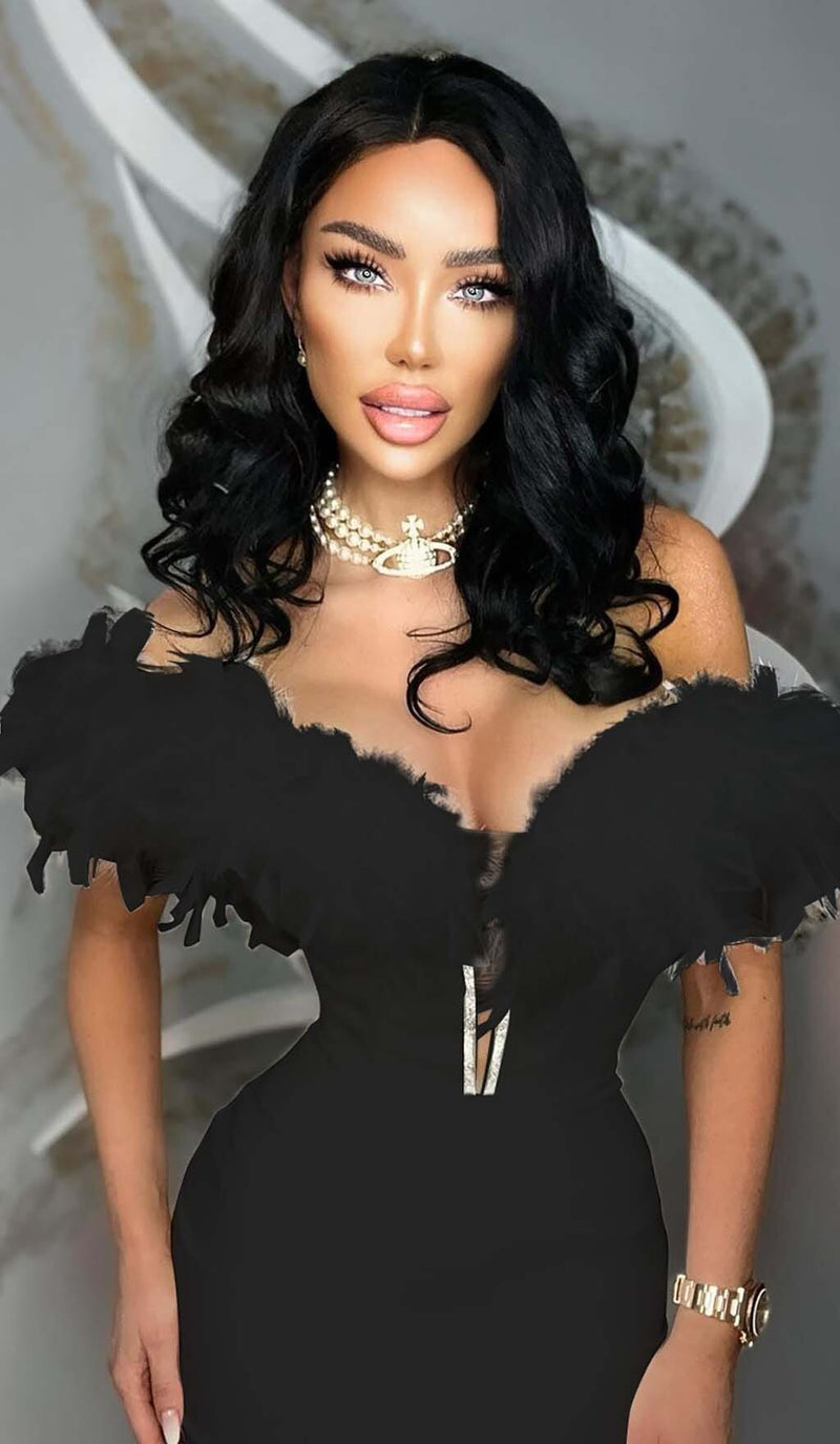 FEATHER PLUNGE MIDI DRESS IN BLACK DRESS STYLE OF CB 