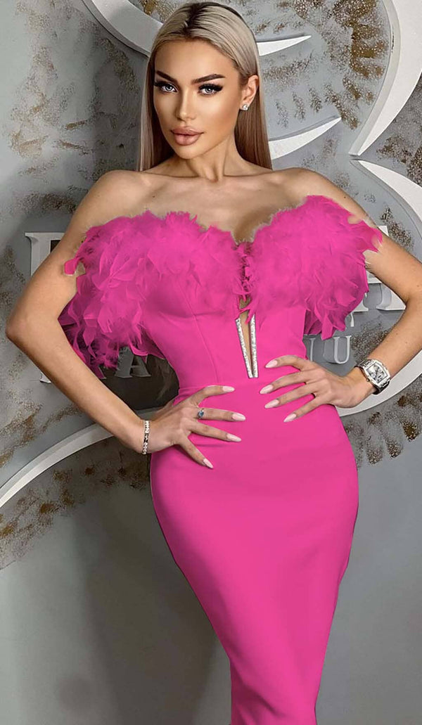 FEATHER PLUNGE MIDI DRESS IN ROSE DRESS STYLE OF CB 