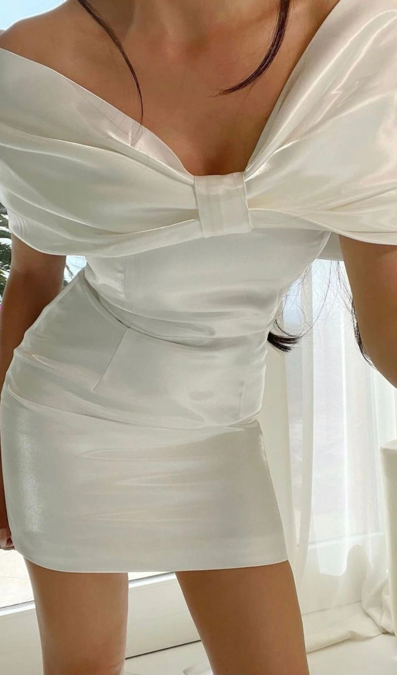 SATIN PINK BOW OFF SHOULDER MINI DRESS IN WHITE Dresses styleofcb 