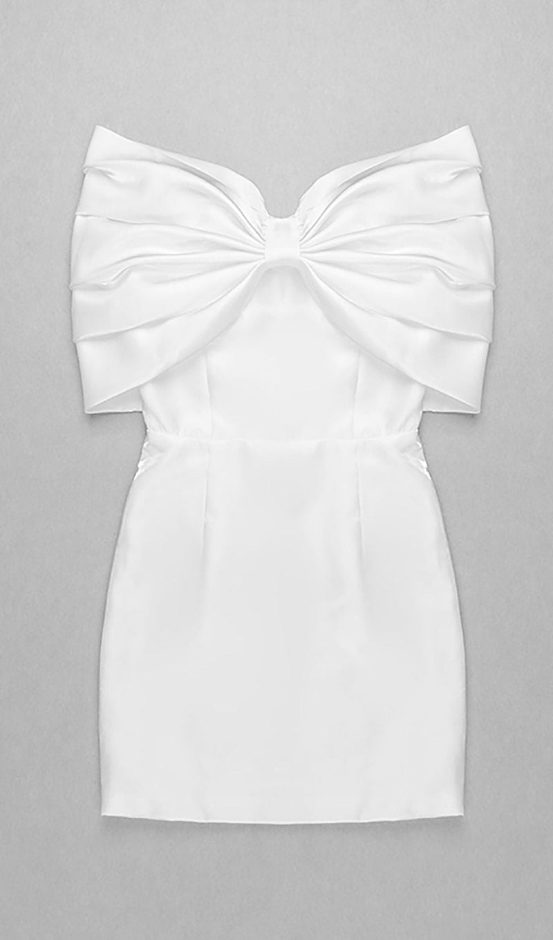 SATIN PINK BOW OFF SHOULDER MINI DRESS IN WHITE Dresses styleofcb 
