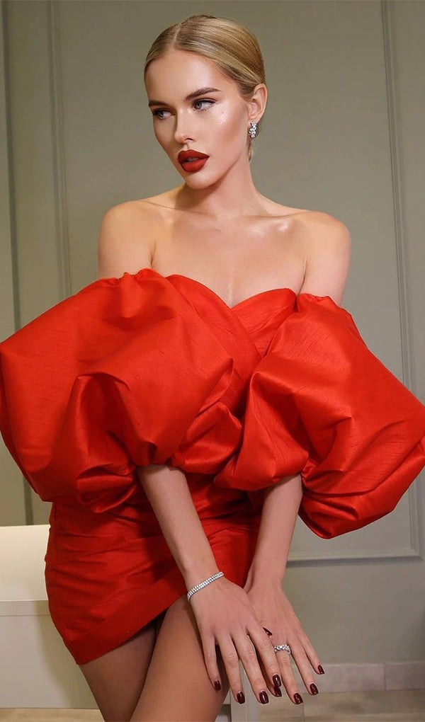 SATIN PUFF SLEEVE MINI DRESS IN RED Dresses styleofcb 