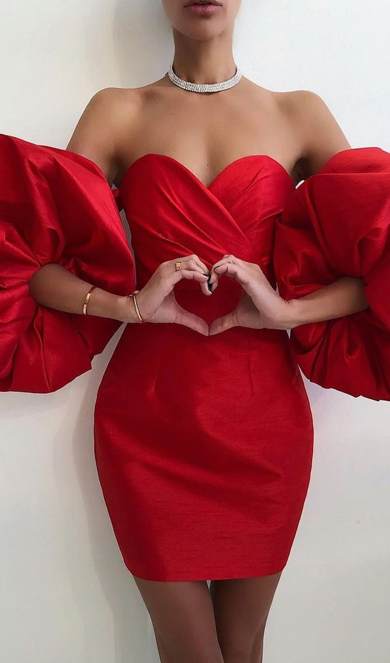 SATIN PUFF SLEEVE MINI DRESS IN RED Dresses styleofcb 
