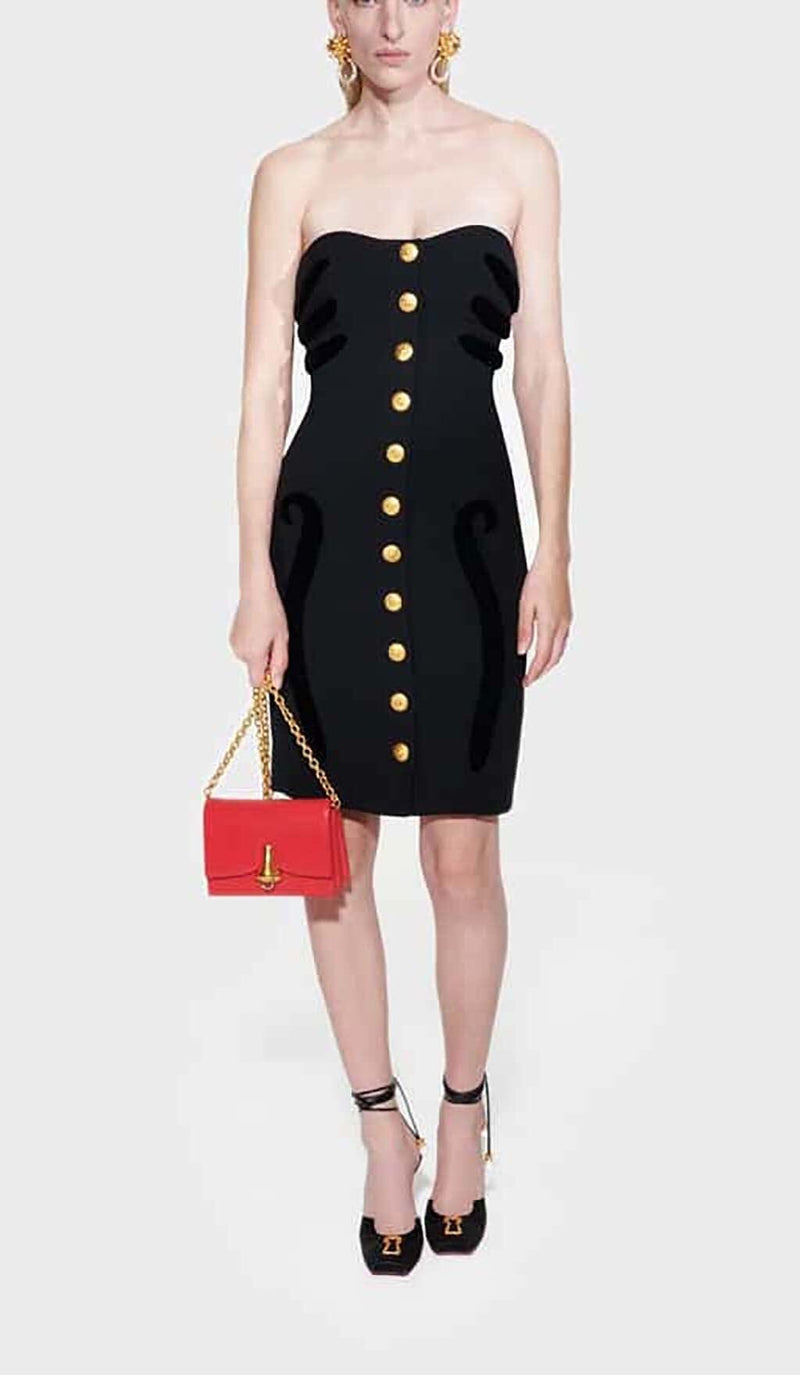 SCULPTURE BUTTON MINI DRESS IN BLACK styleofcb 