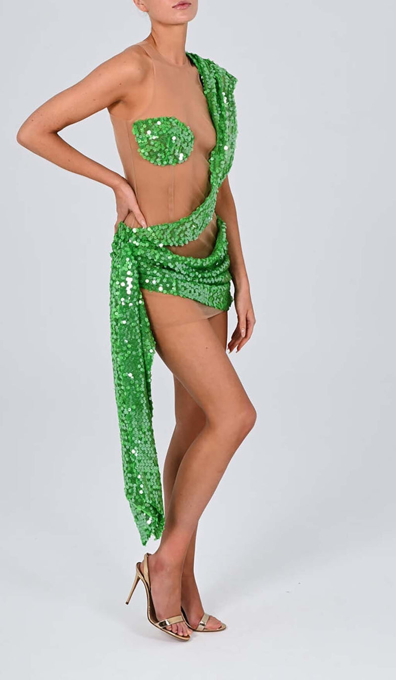 SEQUIN DRAPE MESH MINI DRESS IN EMERALD DRESS STYLE OF CB 