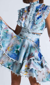 SLEEVELESS PRINT PATTER TWO PIECE SET IN BLUE DRESS STYLE OF CB 