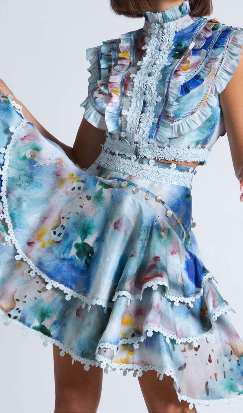 SLEEVELESS PRINT PATTER TWO PIECE SET IN BLUE DRESS STYLE OF CB 