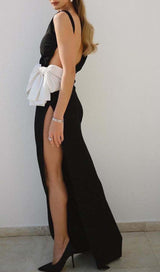 SLIT OPEN BOW BELTED MAXI DRESS IN BLACK DRESS sis label 