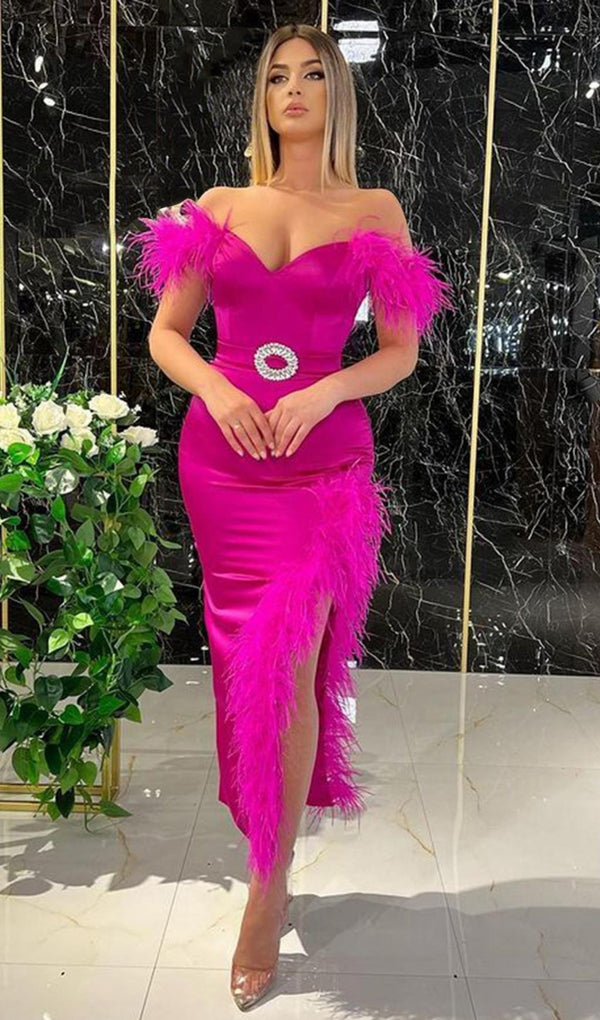 SPLIT FEATHER MAXI DRESS IN PINK Dresses styleofcb 