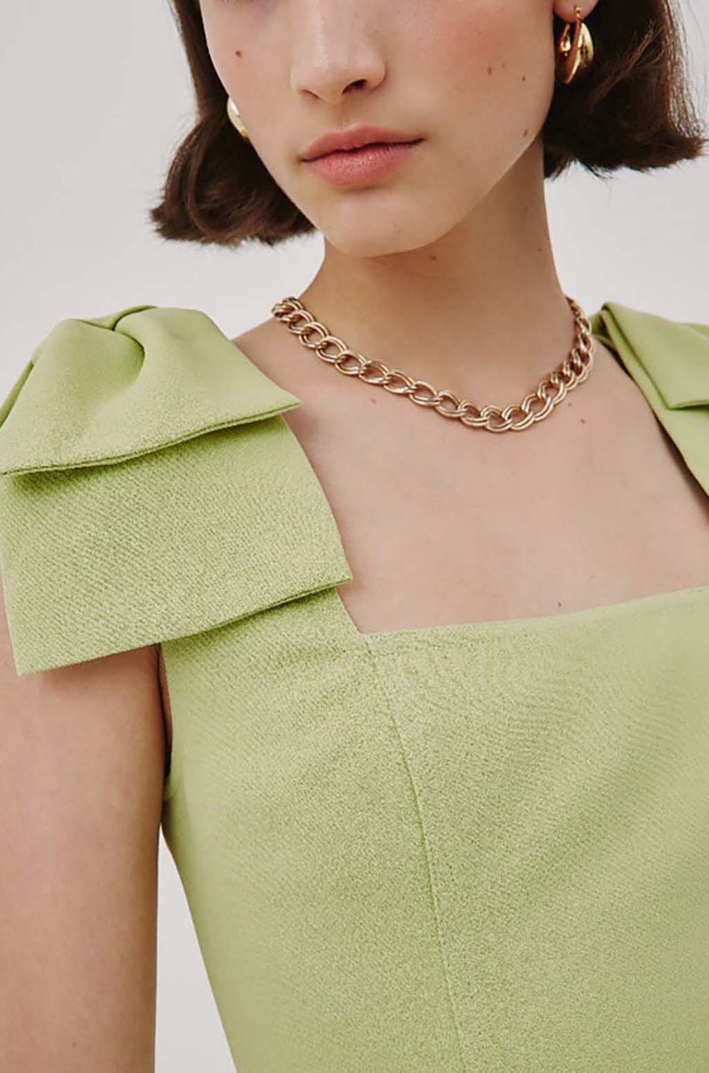 SQUARE NECK BOW DETAIL MINI DRESS IN GREEN DRESS STYLE OF CB 