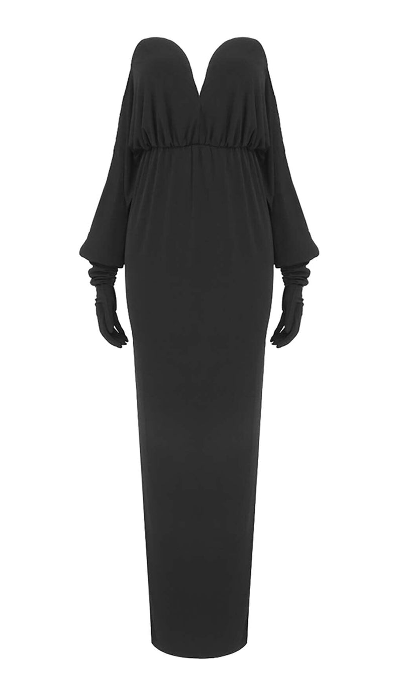 STRAPLESS DRAPED KNITTED MAXI DRESS IN NOIR sis label 