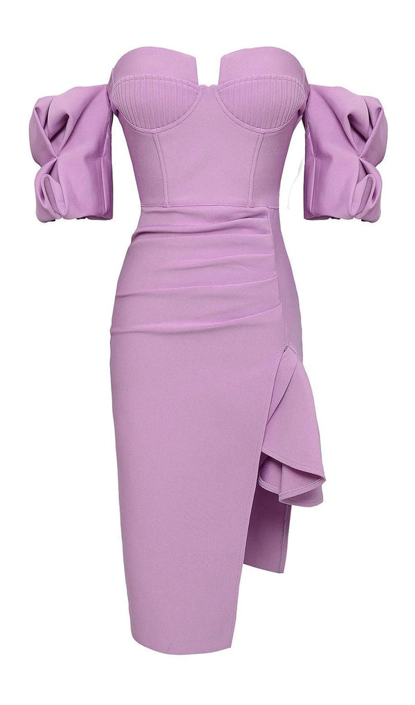 STRAPLESS DRAPED SLEEVE SLITS BANDAGE DRESS IN PURPLE Dresses styleofcb 