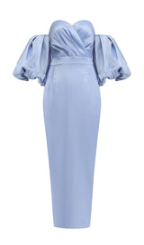 STRAPLESS PUFF SLEEVES MIDI DRESS IN BLUE Dresses styleofcb 