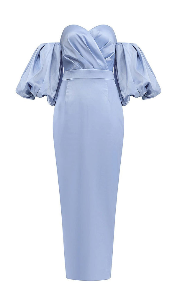 STRAPLESS PUFF SLEEVES MIDI DRESS IN BLUE Dresses styleofcb 