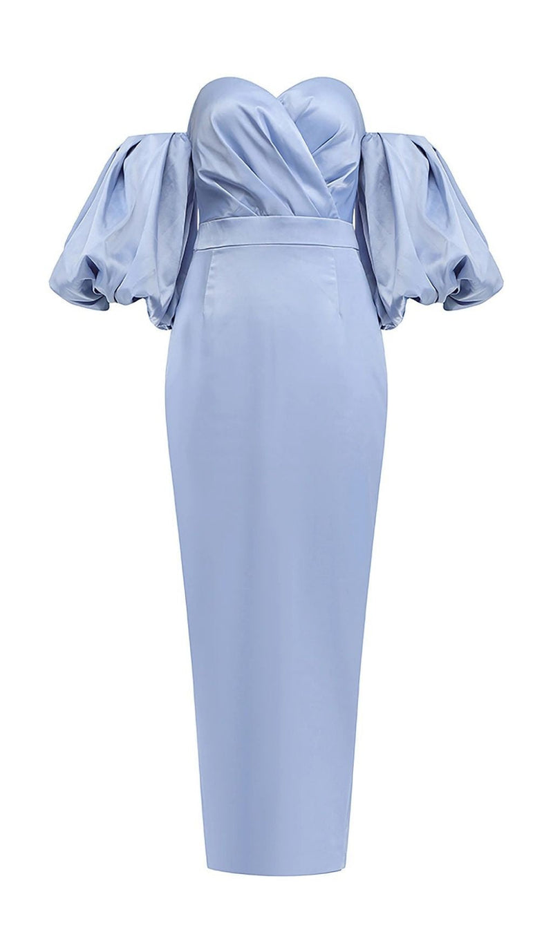 STRAPLESS PUFF SLEEVES MIDI DRESS IN BLUE Dresses styleofcb 