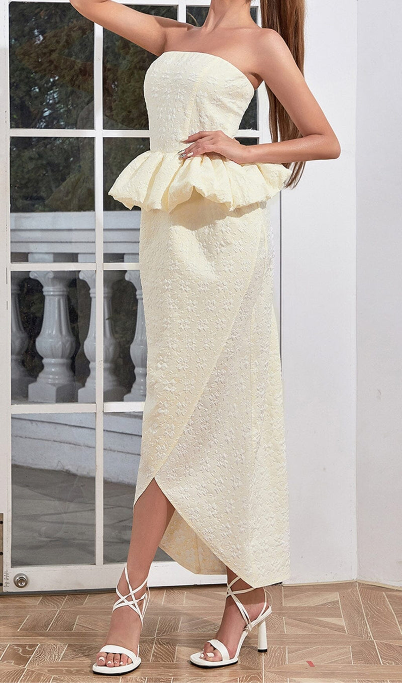 STRAPLESS RUFFLE MIDI DRESS IN IVORY DRESS sis label 