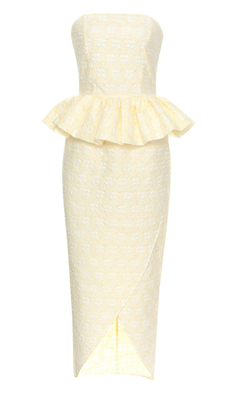 STRAPLESS RUFFLE MIDI DRESS IN IVORY DRESS sis label 