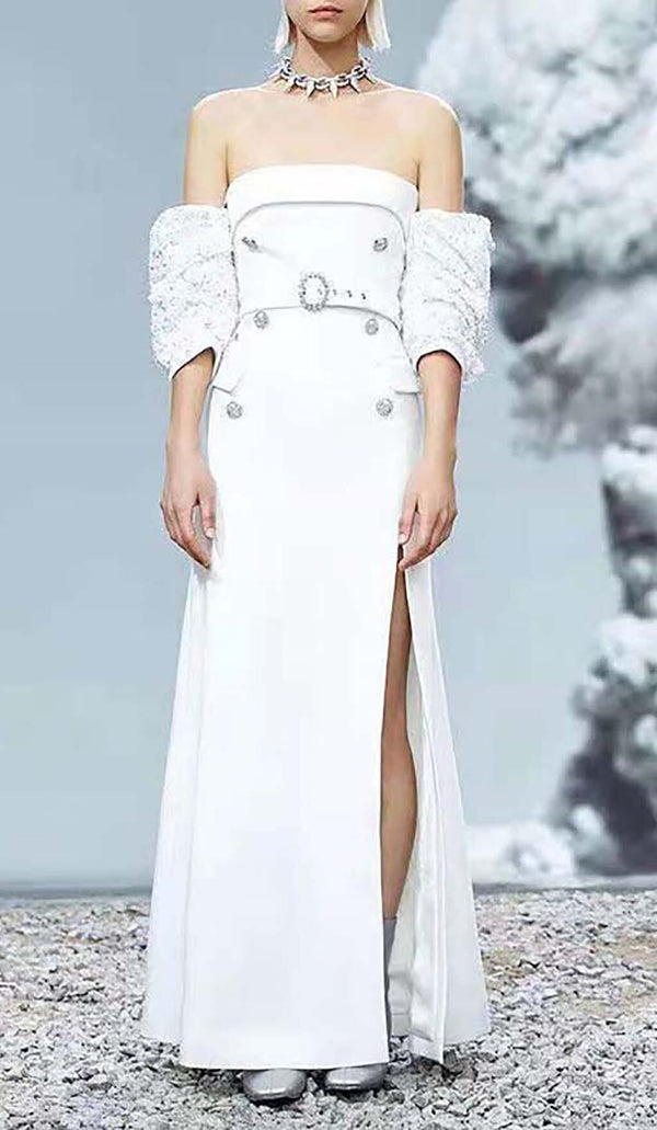STRAPLESS SPLIT MAXI DRESS IN WHITE DRESS STYLE OF CB 