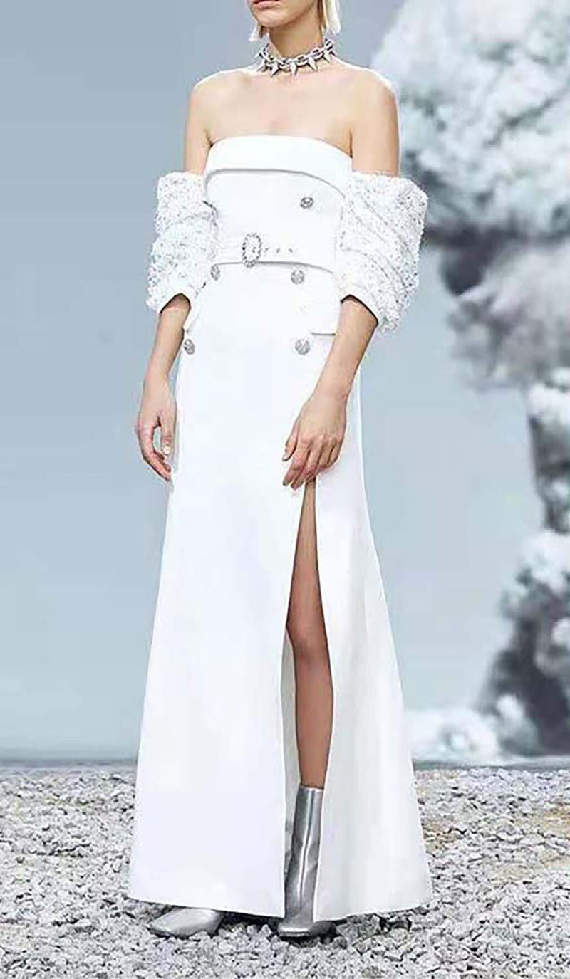 STRAPLESS SPLIT MAXI DRESS IN WHITE DRESS STYLE OF CB 