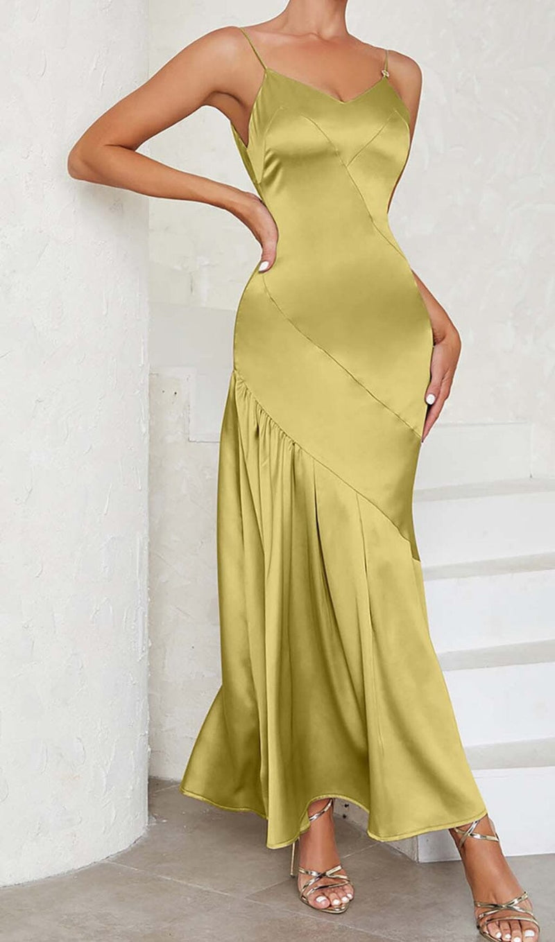STRAPPY SATIN MIDI DRESS IN PALE OCHRE DRESS STYLE OF CB 