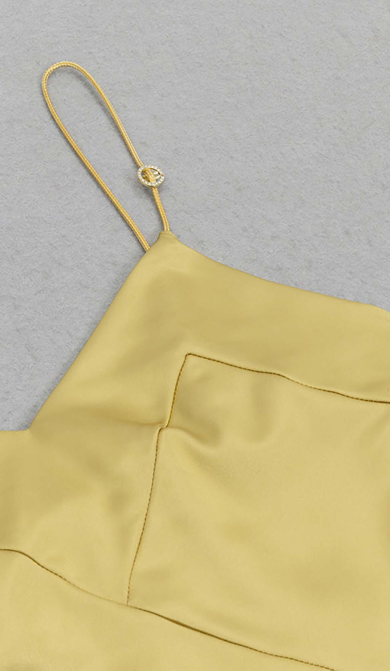 STRAPPY SATIN MIDI DRESS IN PALE OCHRE DRESS STYLE OF CB 