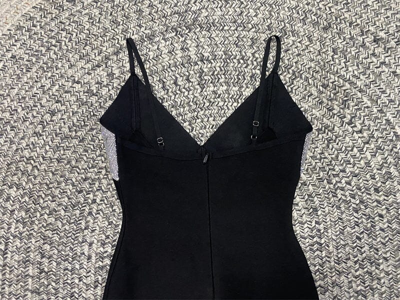 BLACK V-NECK RHINESTONE DECORATIVE SUSPENDER DRESS styleofcb 