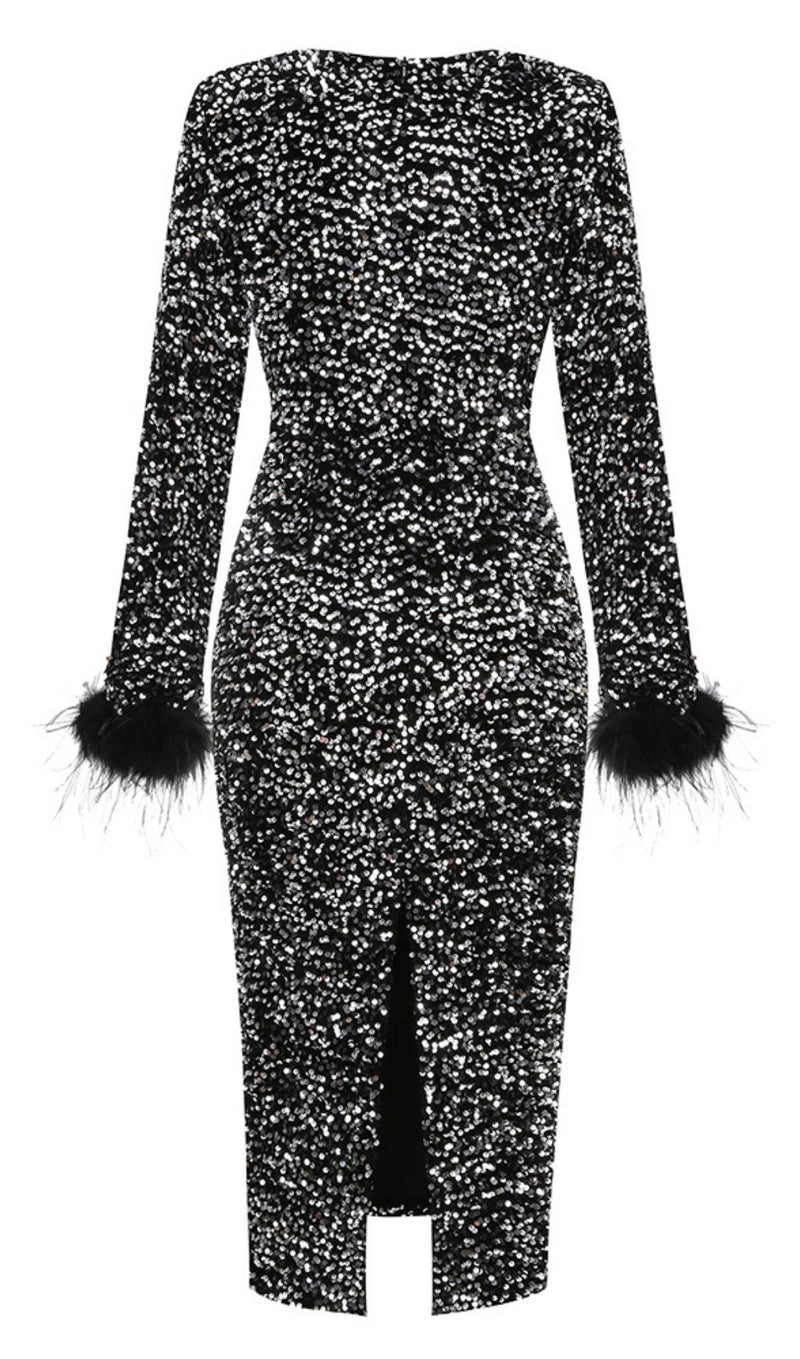 SEQUIN FEATHER LONG SLEEVES MIDI DRESS styleofcb 