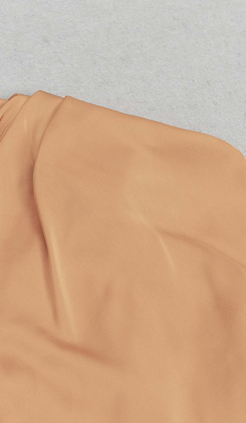 TASSEL SLEEVE SATIN MIDI DRESS IN BROWN DRESS STYLE OF CB 
