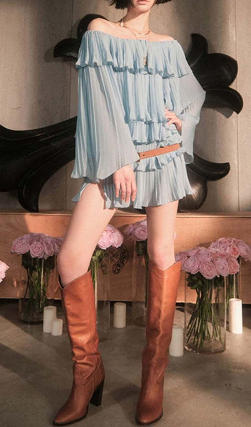 TIERED OFF-SHOULDER MINI DRESS IN BLUE DRESS STYLE OF CB 